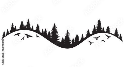 Black silhouette of wavy hills with pine trees and flying birds on white background