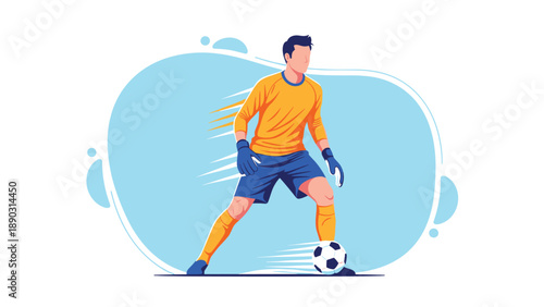 Stylized illustration of a soccer goalkeeper in a yellow jersey and blue shorts prepares to defend against an incoming ball.