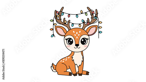 Adorable baby deer with large eyes sits calmly while a string of colorful christmas lights is draped over its brown antlers.