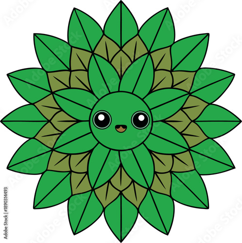 Cute stylized cartoon illustration of a happy green plant mandala character design featuring radiating layers of leaves and large innocent eyes creating a natural symmetrical floral pattern perfect fo