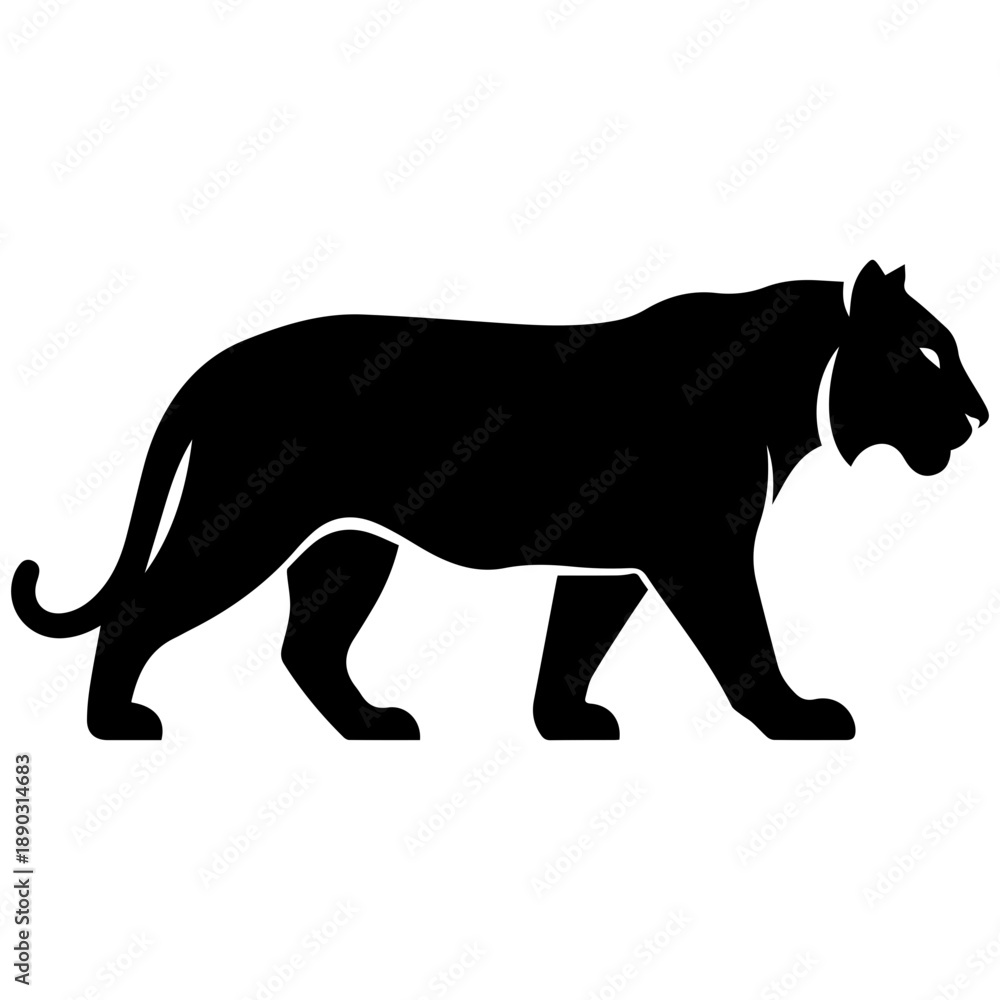 Obraz premium Black silhouette of a majestic tiger walking, vector logo icon, powerful animal, clean design