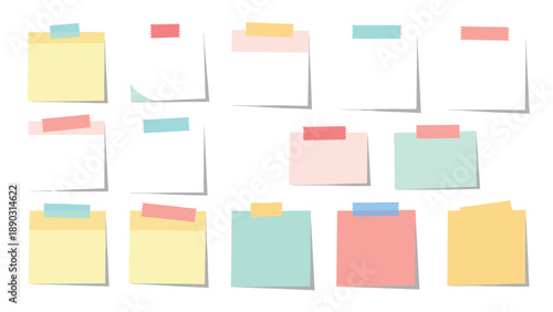 Collection of fourteen blank rectangular sticky notes in various pastel colors is arranged with colorful washi tape at the top edge.