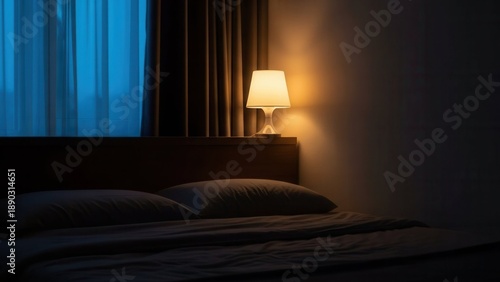 Cozy bedroom scene with bedside lamp and curtains at dusk