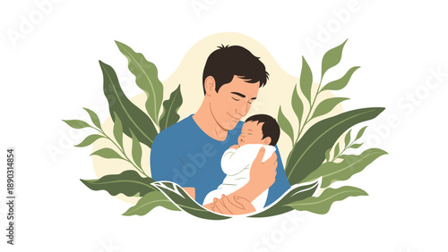 Loving father tenderly holds his sleeping newborn baby while surrounded by large stylized green leaves on a soft pastel background.