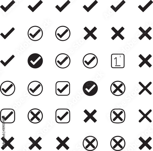 Hand drawn check signs. Doodle checkmarks and crosses. Empty and filled boxes for answers in test, confirmation or negation icons. Checklist pencil marks template, vector voting isolated flat