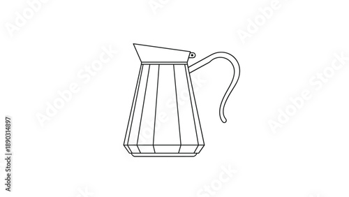 Simple black and white line drawing depicts a glass coffee carafe with a pouring handle used for serving hot beverages and drinks.