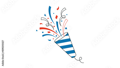 Striped blue and white party popper explodes with a vibrant mix of red and blue confetti and streamers for a festive celebration.