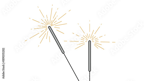 Pair of bright burning sparklers with golden glowing lights and radiating rays isolated on white background for holiday design elements.