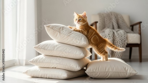 Curious kitten on pillow stack in cozy living room