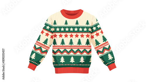 Cozy white Christmas sweater featuring traditional festive patterns of green pine trees and red stars for a classic winter fashion look.