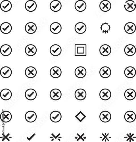 Check tick mark icon set. Cross box x check mark checkbox v list vector draw hand drawn sketch doodle brush marker checklist symbol wrong right circle
