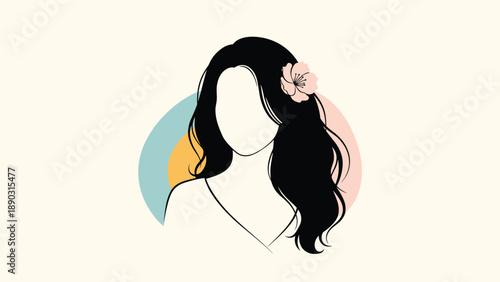 Elegant minimalist illustration of a woman's face silhouette with flowing long black hair and a soft pink flower on a pastel background.