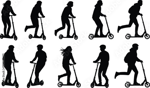 Silhouette people riding and standing on kick scooters in various dynamic poses and actions vector illustration