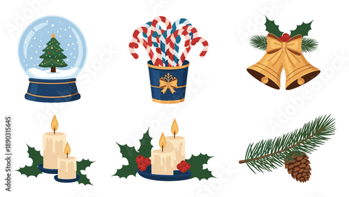 Set of six festive Christmas holiday icons including snow globe, candy canes, bells, candles, and pine branch with pinecone for winter.