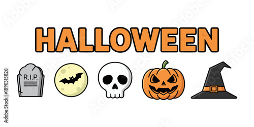 Halloween icons collection featuring spooky symbols and text