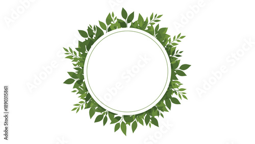 Lush circular frame bordered by dense green foliage and various types of leaves creating an organic botanical border for natural designs.