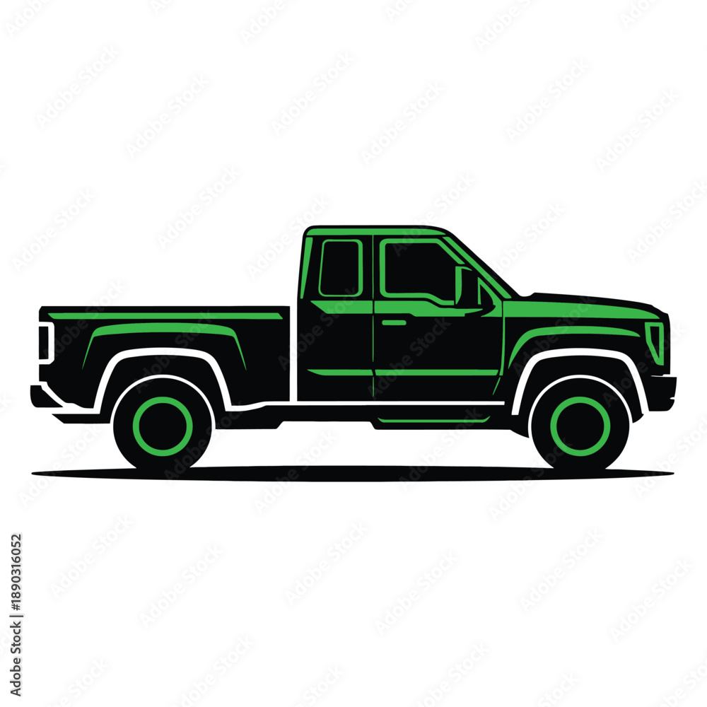 Fototapeta premium Green and black pickup truck side view illustration