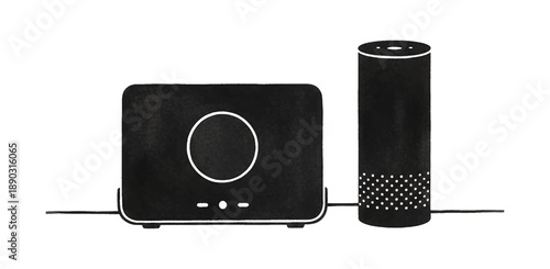 Black and white illustration of two modern electronic devices connected by a line on a clean background
