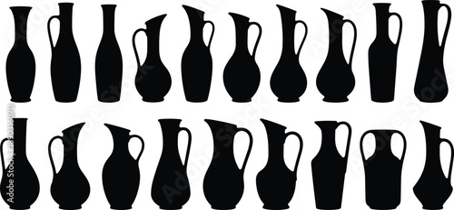 Collection of black silhouette vases, jugs, and pitchers of various shapes and styles on a white background
