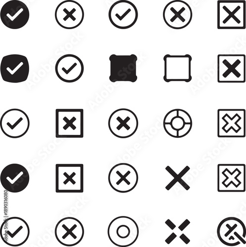 Hand drawn check signs. Doodle checkmarks and crosses. Empty and filled boxes for answers in test, confirmation or negation icons. Checklist pencil marks template, vector voting isolated flat set