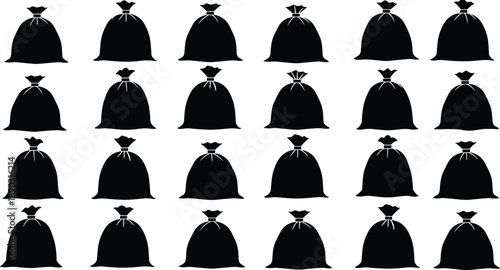 Pattern of black silhouette sacks or bags tied at the top on a white background garbage bag shopping bag