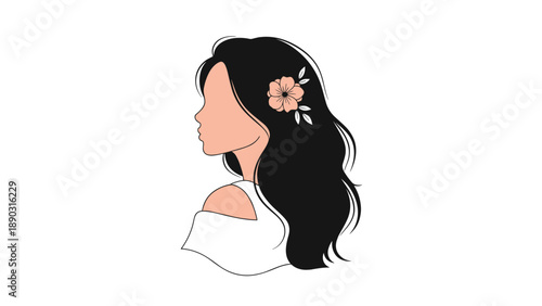 Elegant profile view illustration of a woman's head with long dark wavy hair and a pink flower tucked behind her ear on a white background.