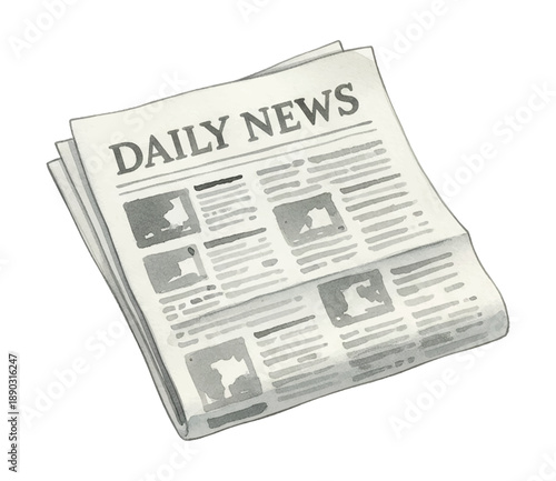 A folded Daily News newspaper showing headlines and images in a hand drawn watercolor illustration style