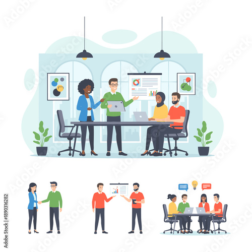 Diverse business team collaborating on project in office meeting