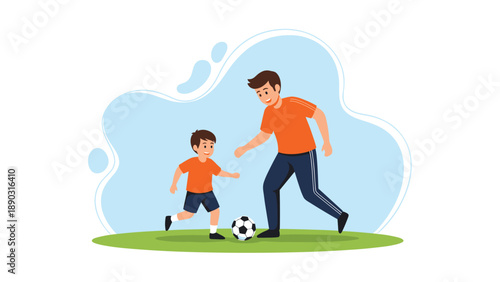 Happy father and young son in matching orange shirts playing soccer together on a green field with a blue sky background during the day.
