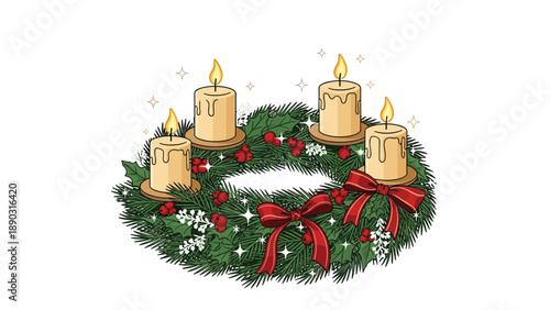 Traditional green Advent wreath made of pine needles decorated with red berries and bows featuring four glowing lit cream-colored candles.