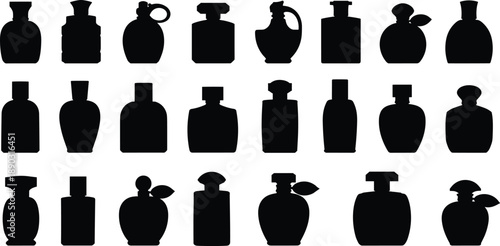 Assortment of elegant black silhouette perfume and fragrance bottles in various shapes on white background