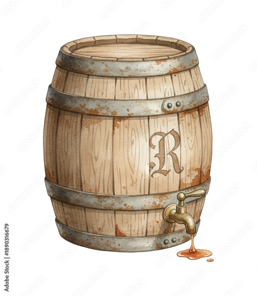 Obraz premium Wooden barrel with rusty metal bands and a brass tap pouring brown liquid and initial R in watercolor illustration