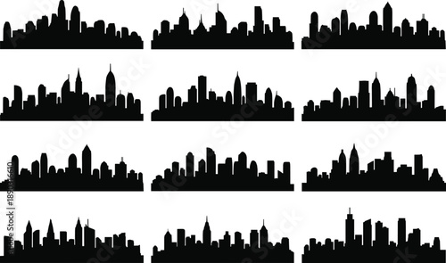 Collection of black city skyline silhouettes on white background for urban and architectural themes cityscape