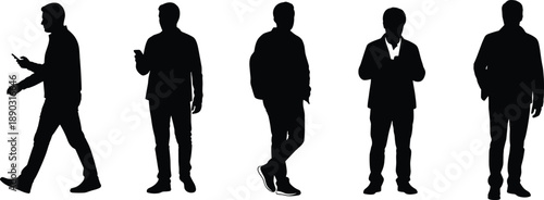 Silhouette of a man walking and holding a phone with other men standing and holding phones on a white background