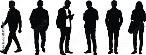 Collection of black silhouettes of people men and women walking and standing on white background vector