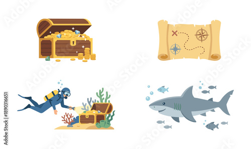 Underwater treasure hunt with diver finding golden chest