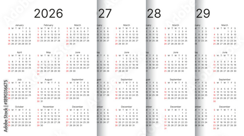 Calendars for 2026, 2027, 2028, 2029 years. Calender templates. Organizer with 12 month. Week starts Sunday. Scheduler layout in English. Simple planner. Portrait orientation, A4. Vector illustration