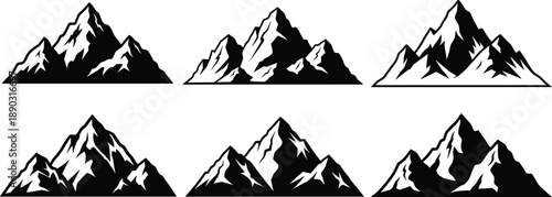Collection of six black and white silhouette mountain peaks with jagged rocky textures on a white background