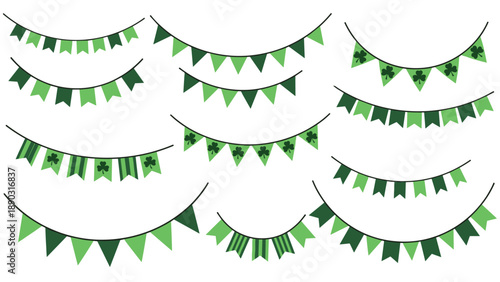 Collection of nine different green festive bunting banners featuring various patterns and shamrocks for Saint Patrick's Day decorations.