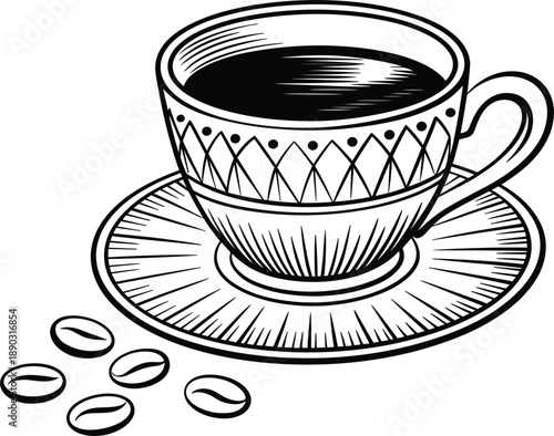 Coffee cup with decorative saucer and roasted beans, black and white engraved style vector illustration