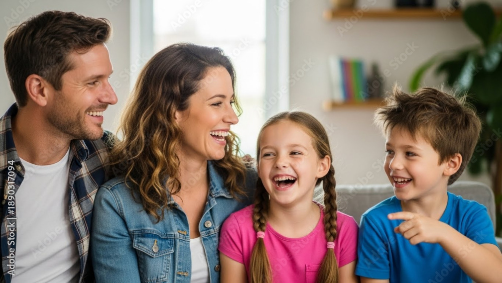 Obraz premium Happy family laughing together on a sofa in a bright living room 