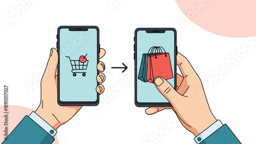 Close-up of hands holding two smartphones illustrating the online shopping journey from adding items to a cart to final purchase delivery.