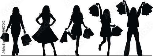 Five female silhouettes in dynamic shopping poses holding up shopping bags on a white background women
