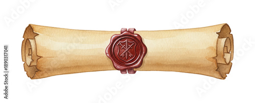 Ancient Rolled Parchment Scroll with Red Wax Seal Emblem Vintage Document Old Paper Watercolor Illustration