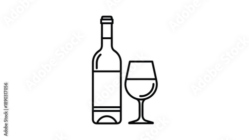 Minimalist black and white line art illustration of a classic wine bottle standing next to a filled wine glass on a plain white background.