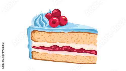 Delicious slice of multi-layered cake featuring light sponge, jam filling, creamy frosting, and topped with light blue icing and berries.