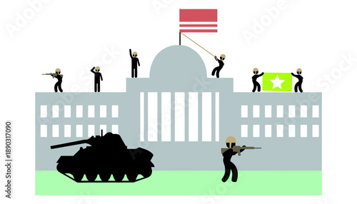 A group of people fighting for control of a large building