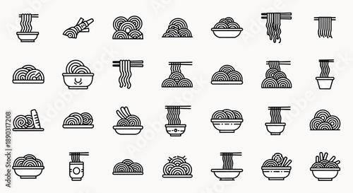 Collection of various noodle icons in bowls and plates with chopsticks, representing diverse Asian cuisine and food preparation styles.