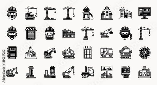 Construction and Industry Icons Set Featuring Cranes, Buildings, Workers, and Vehicles on a White Background