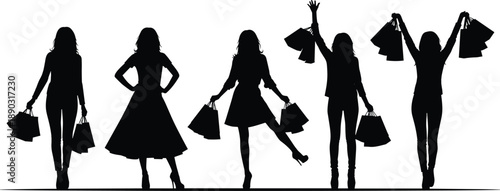 Women silhouettes shopping bags fashion style consumerism retail sale purchase consumer shopper person people group collection set black
